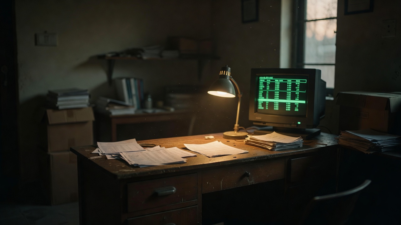 Stock exchange trading screen glow on empty desk with papers