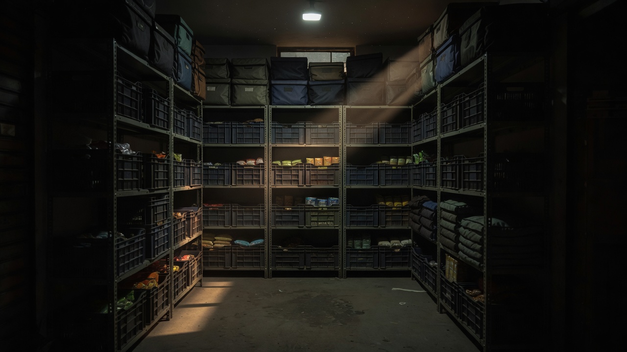 Empty dark store shelves with delivery crates and scooter helmets