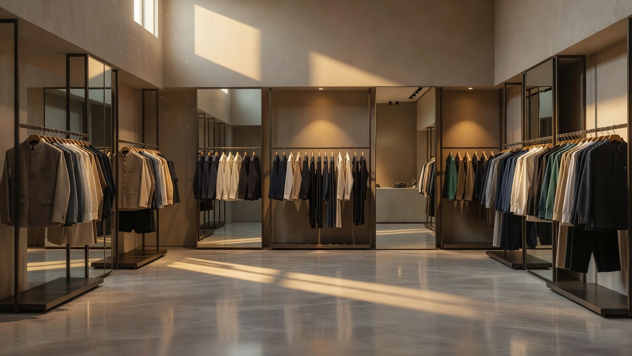Empty apparel racks and mirrors in a brightly lit fashion store