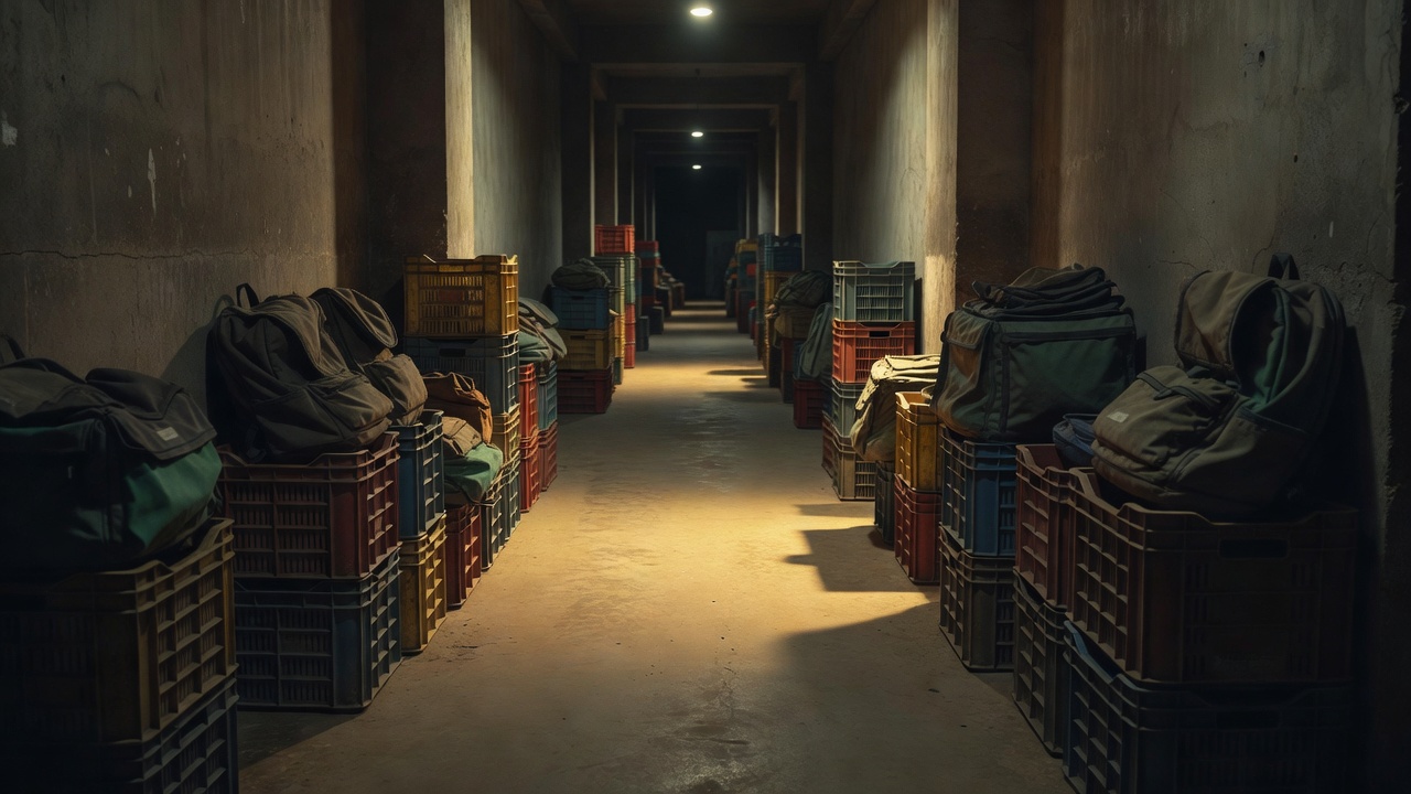 Rows of delivery bags and inventory bins in a compact urban facility