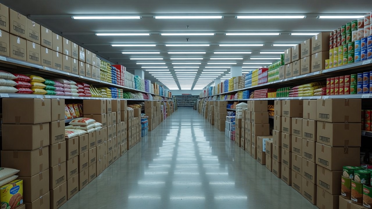 Wide supermarket aisle with stacked grocery cartons and price tags under bright ceiling lights