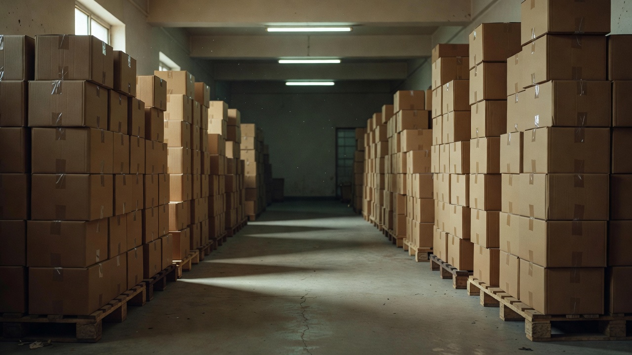 Stacked cartons of packaged foods on a warehouse floor under strip lighting