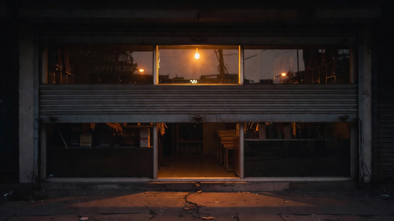 Stock ticker board reflection on empty glass shopfront at dusk
