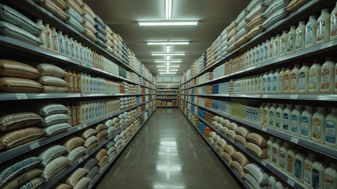 Wide supermarket aisle with stacked rice bags and oil cans under bright ceiling lights