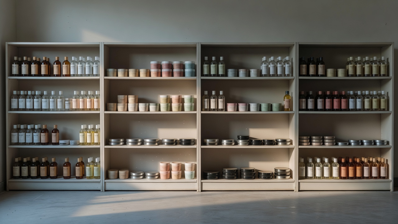 Neat rows of cosmetic bottles and compact cases on open shelving