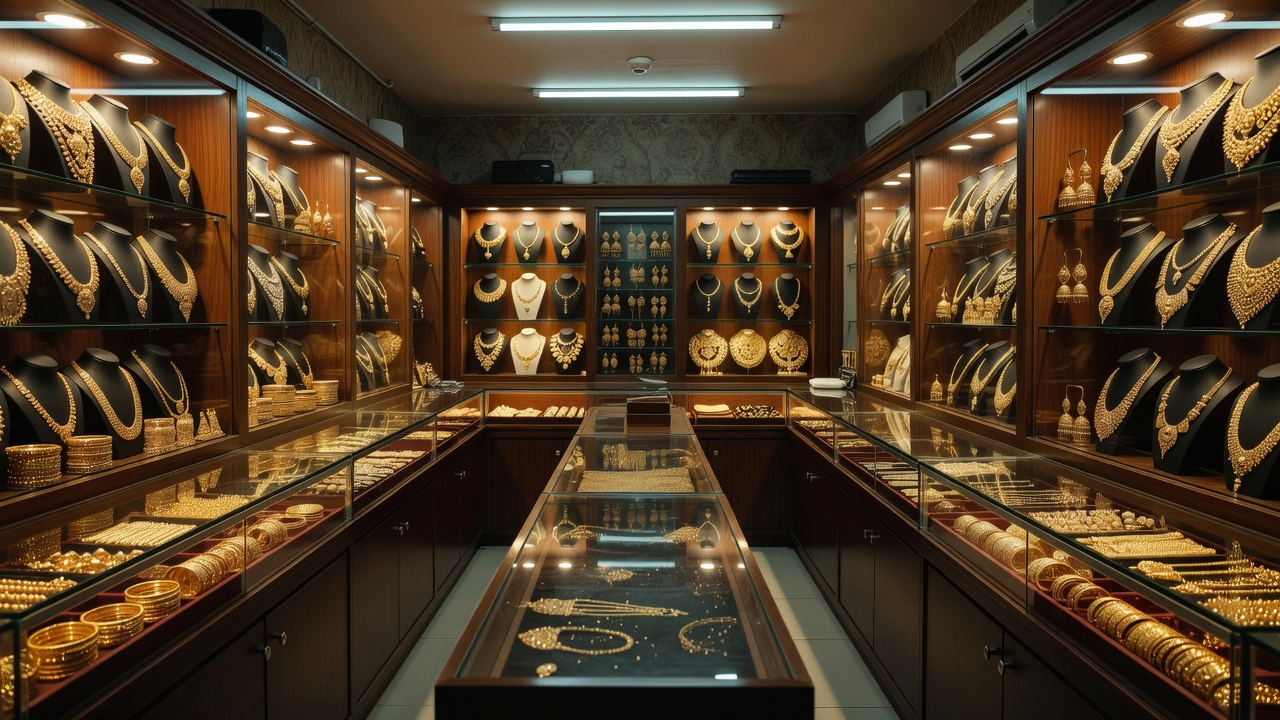Quiet jewellery showroom display cases with gold ornaments under warm spotlights