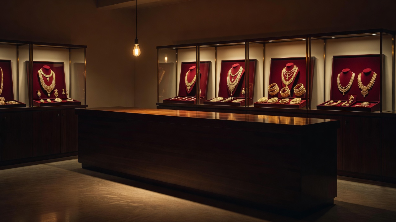 Glass display counters inside a jewellery store showing gold necklaces and bangles under warm spotlights