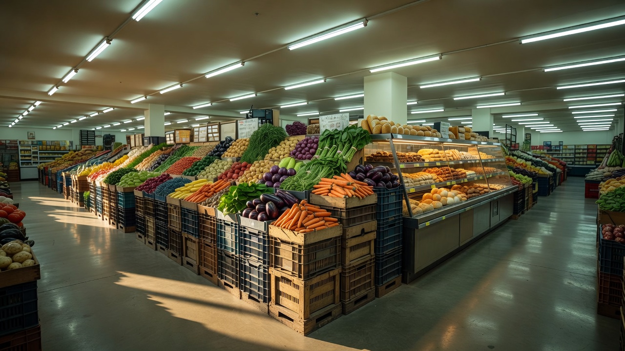 Wide aisle of a new hypermarket with stacked fresh produce crates and overhead lights