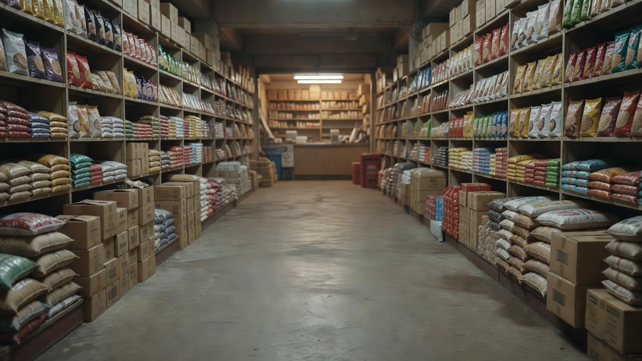 Long view of a brightly lit retail floor with checkout counters and stacked shelves at dusk