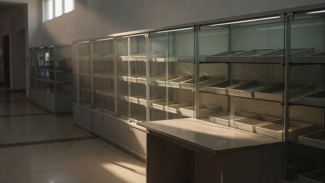 Empty optical display counters and frame racks under mall lighting