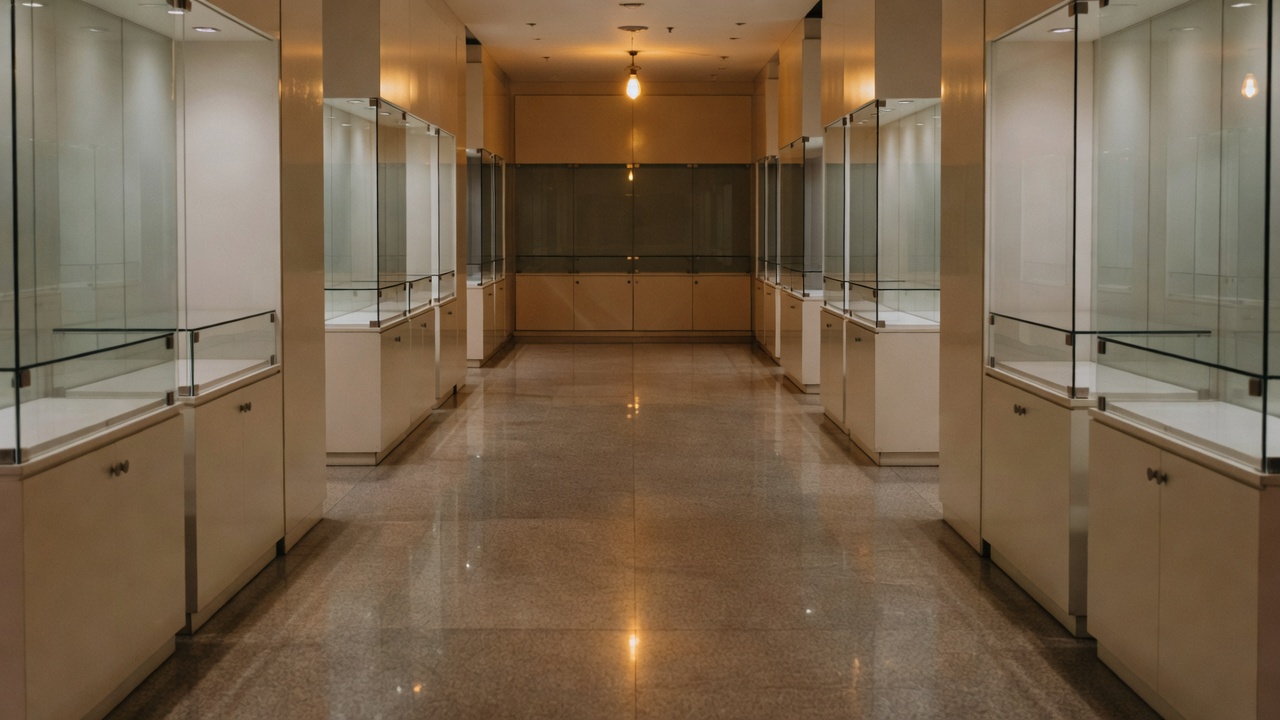 Empty optical display cases and mirror stations under mall skylight