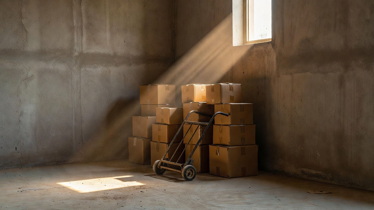 Stacked cardboard cartons and weighing scale in a plain warehouse bay