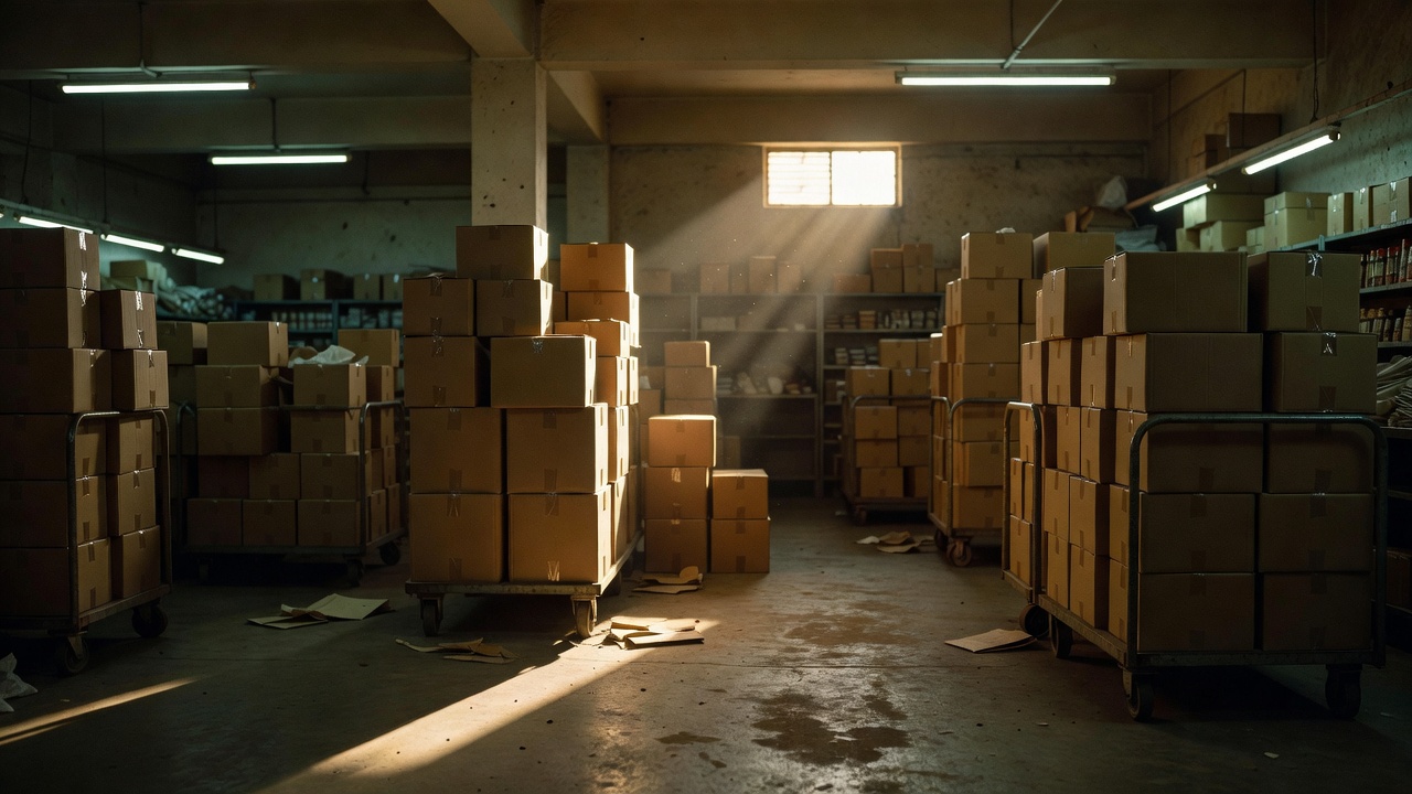 Stacks of cardboard cartons and shopping trolleys in a brightly lit warehouse aisle