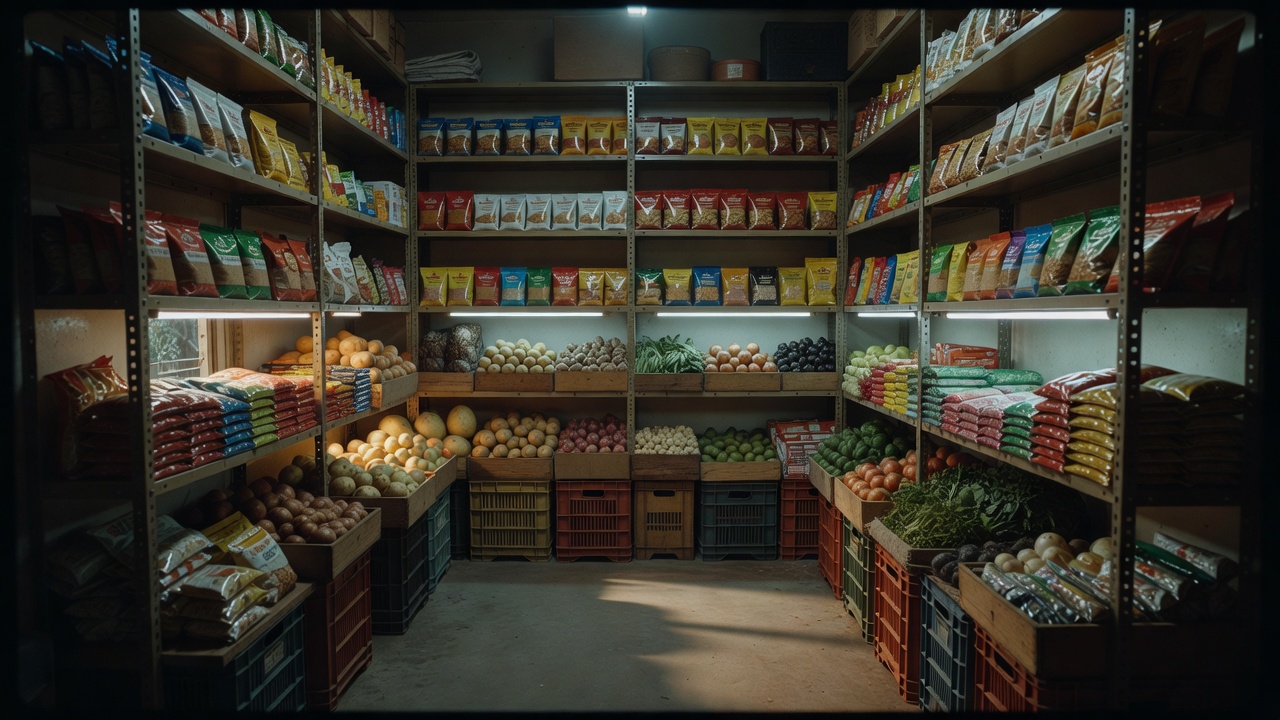 Stacked cardboard boxes and delivery crates inside a compact urban warehouse aisle