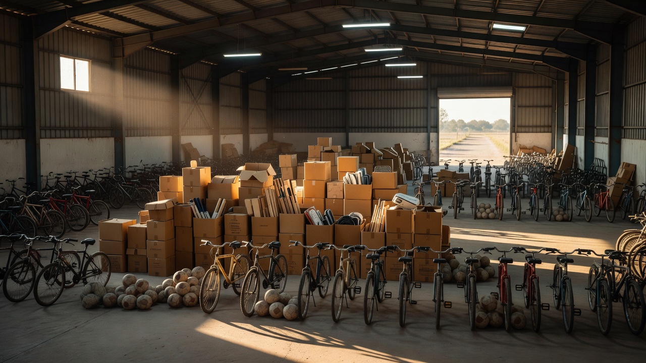 Piles of sports equipment boxes and stacked bicycles in a warehouse loading bay