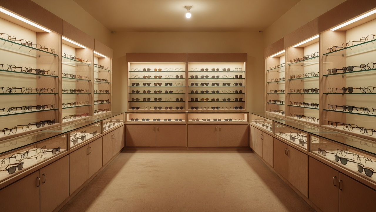 Display cases of eyeglasses and frames on clean glass shelves in a quiet optical store