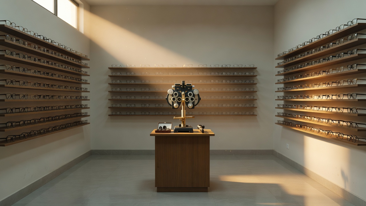 Neat rows of spectacle frames on wall displays and a refraction desk in a clean optical store