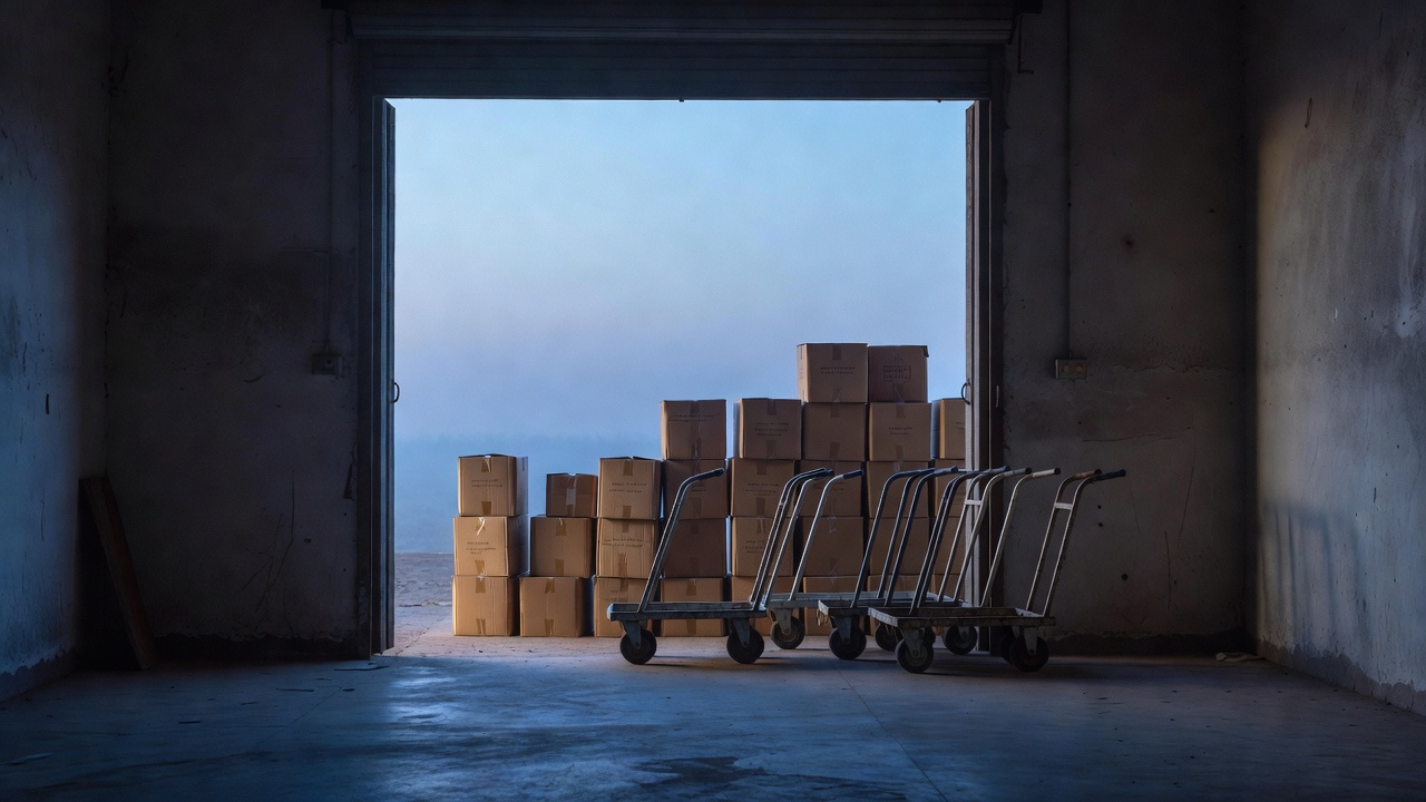 Warehouse aisle stacked with festive cartons under fluorescent lights