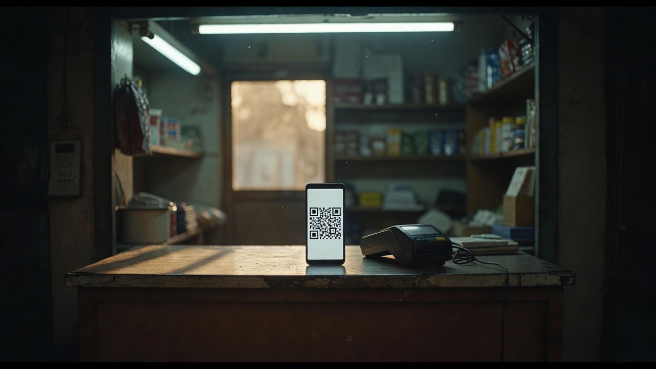 Smartphone showing UPI QR code on a shop counter beside a card machine