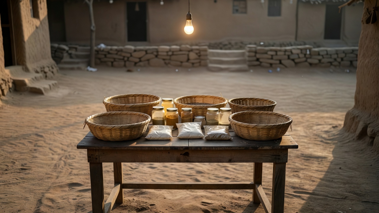 Handcrafted baskets and packaged foods arranged on a simple wooden table
