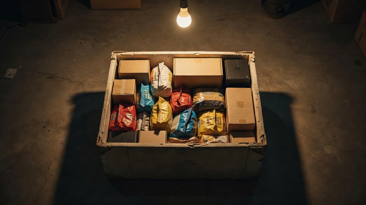 Open delivery crate with mixed grocery and sealed gadget boxes on a warehouse floor