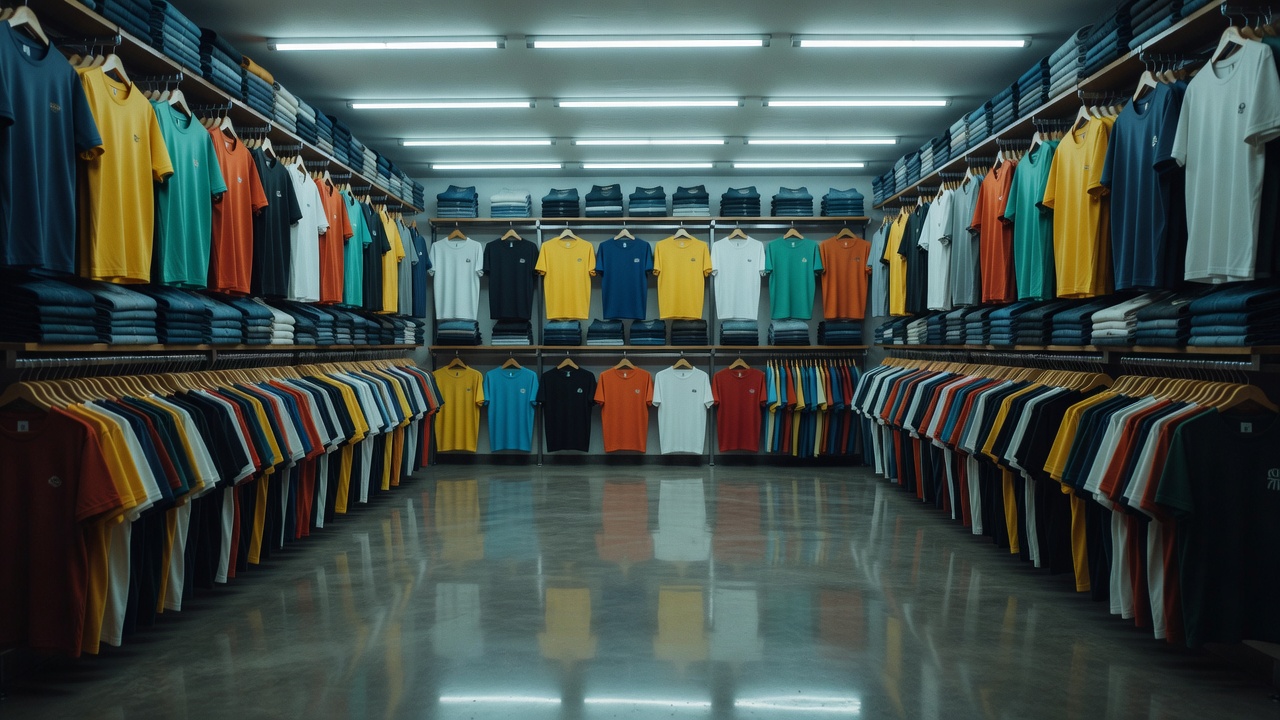 Empty value fashion racks and hanging rails under bright tube lights in a compact store aisle