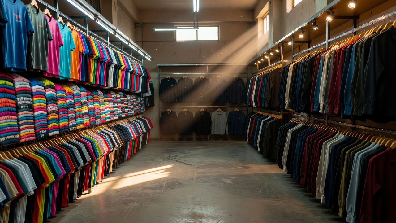 Two parallel clothing racks one packed with bright low-price tees the other with sparse premium shirts under mixed lighting