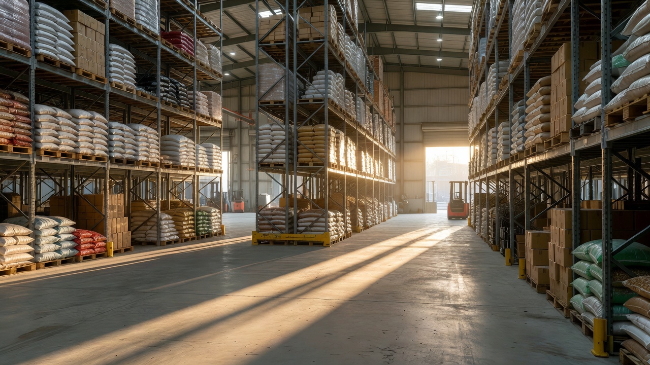Large warehouse interior with pallet racks and loading bays