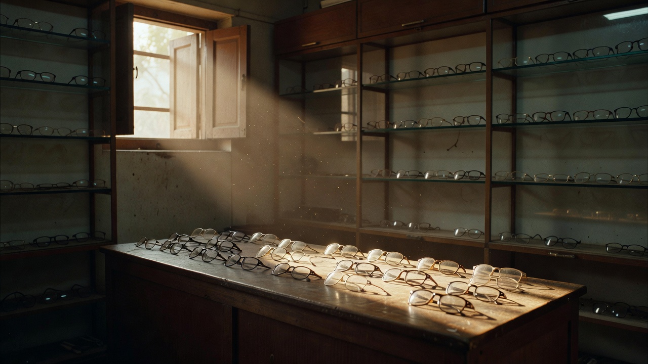 Empty optical display cases and frame trays under fluorescent store lights