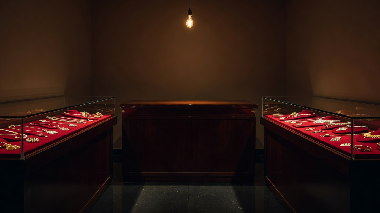 Glass jewellery display trays with soft spotlights on empty velvet pads