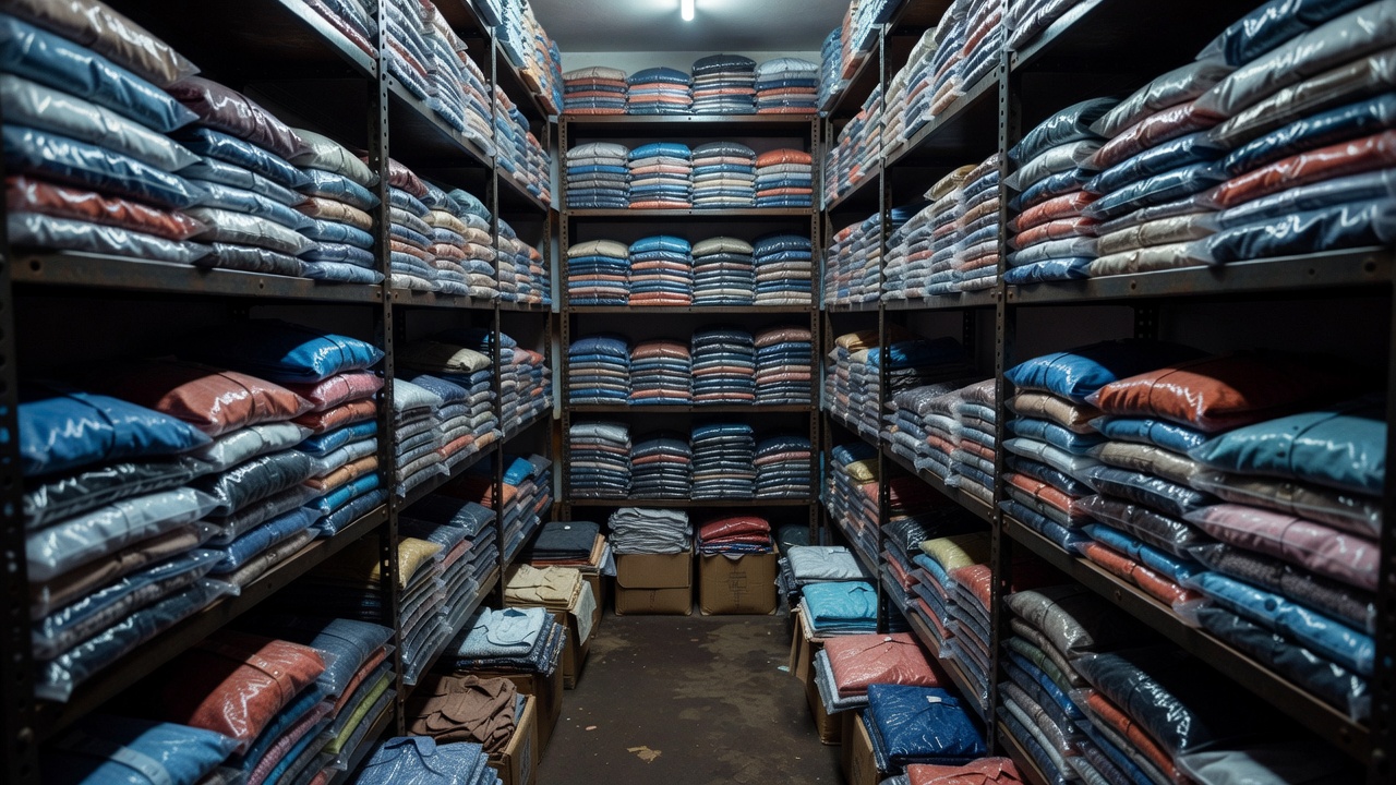 Neatly folded apparel stacks on metal warehouse shelving under cool LED light