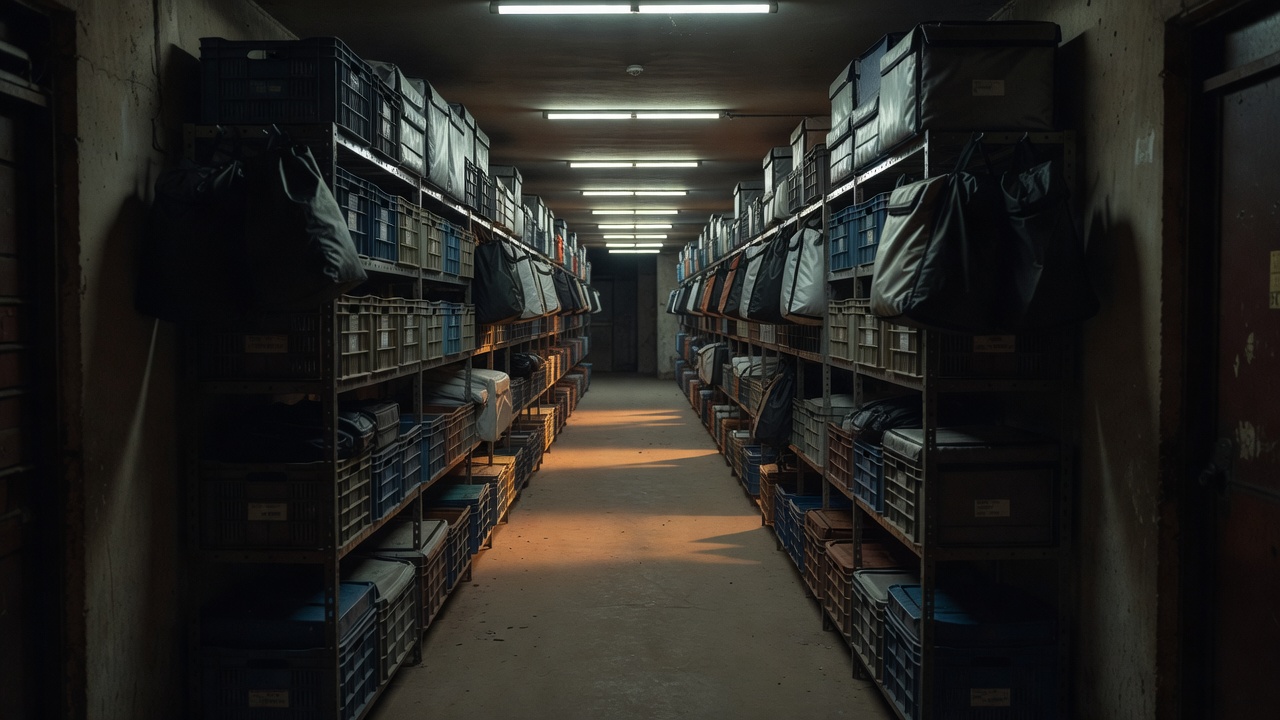 Rows of packed grocery crates on roller racks inside a lit warehouse aisle