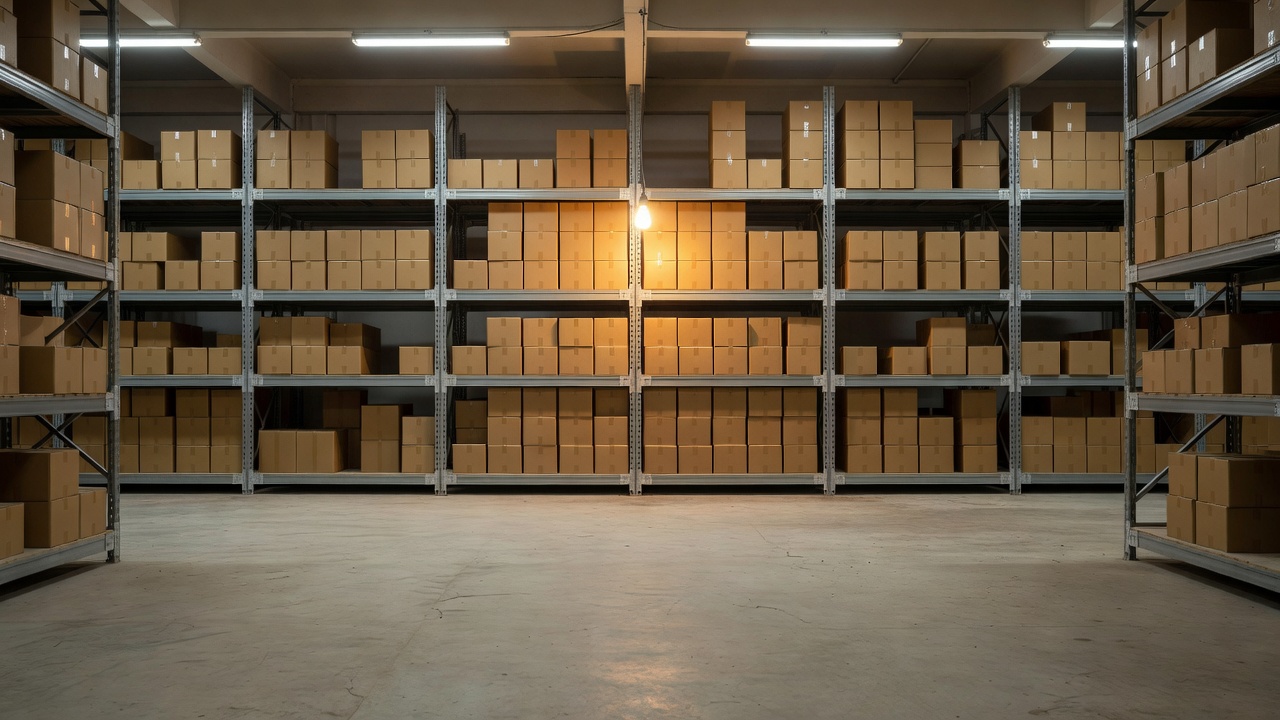 Warehouse aisle stacked with sealed cartons under fluorescent lights