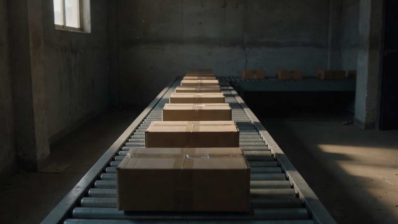 Smartphone and electronics boxes stacked on a warehouse conveyor