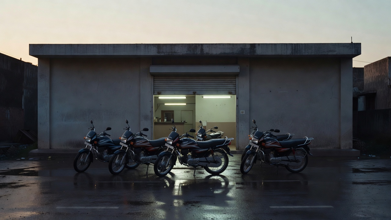 Row of parked delivery bikes outside a small urban warehouse at dawn