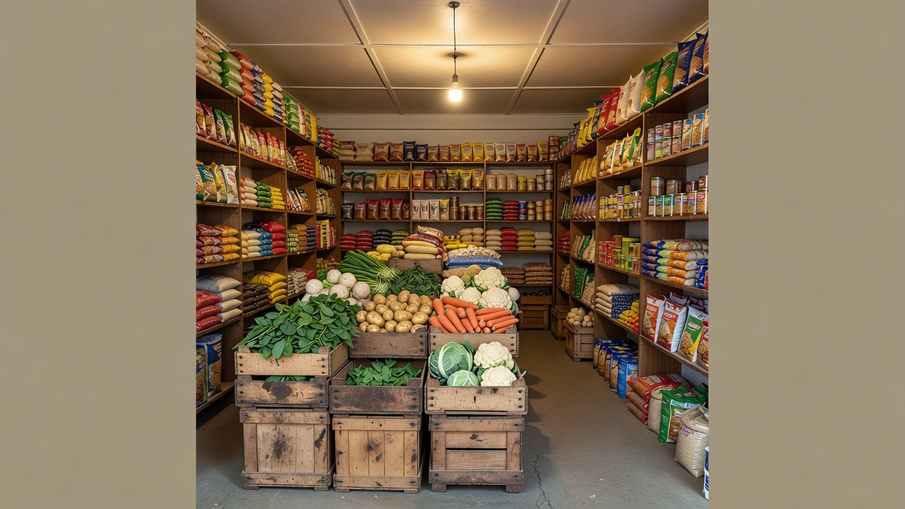 Wide supermarket aisle with stacked produce crates and packaged goods under bright ceiling lights
