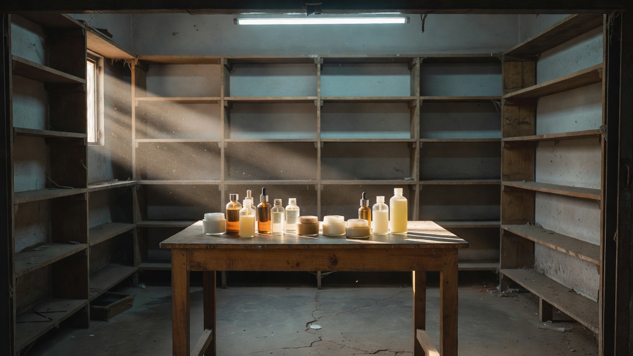 Open beauty product bottles and jars arranged on a plain wooden counter under soft daylight