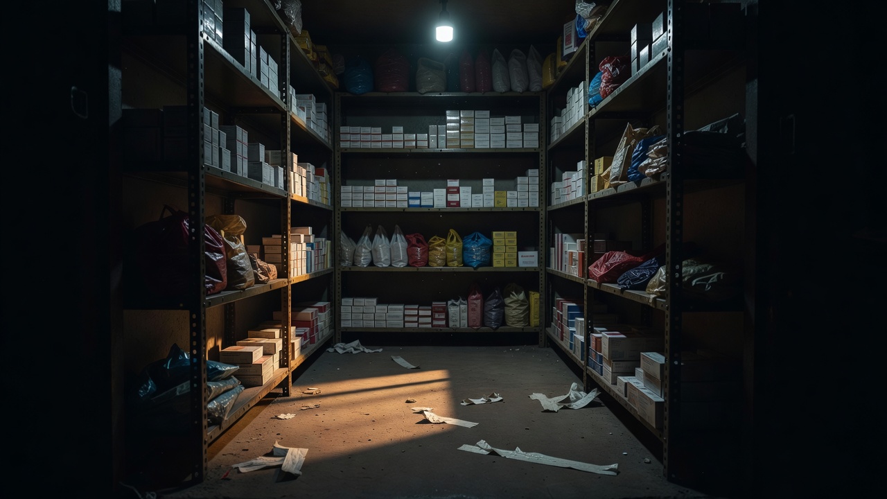 Metal racks stacked with medicine boxes and grocery packs inside a small warehouse bay