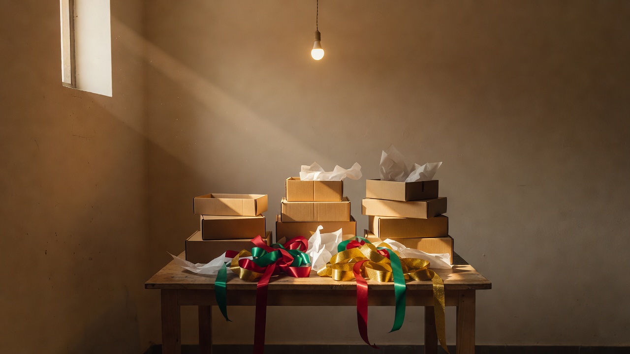 Empty festive gift boxes and ribbon spools on a packing table under warm evening light