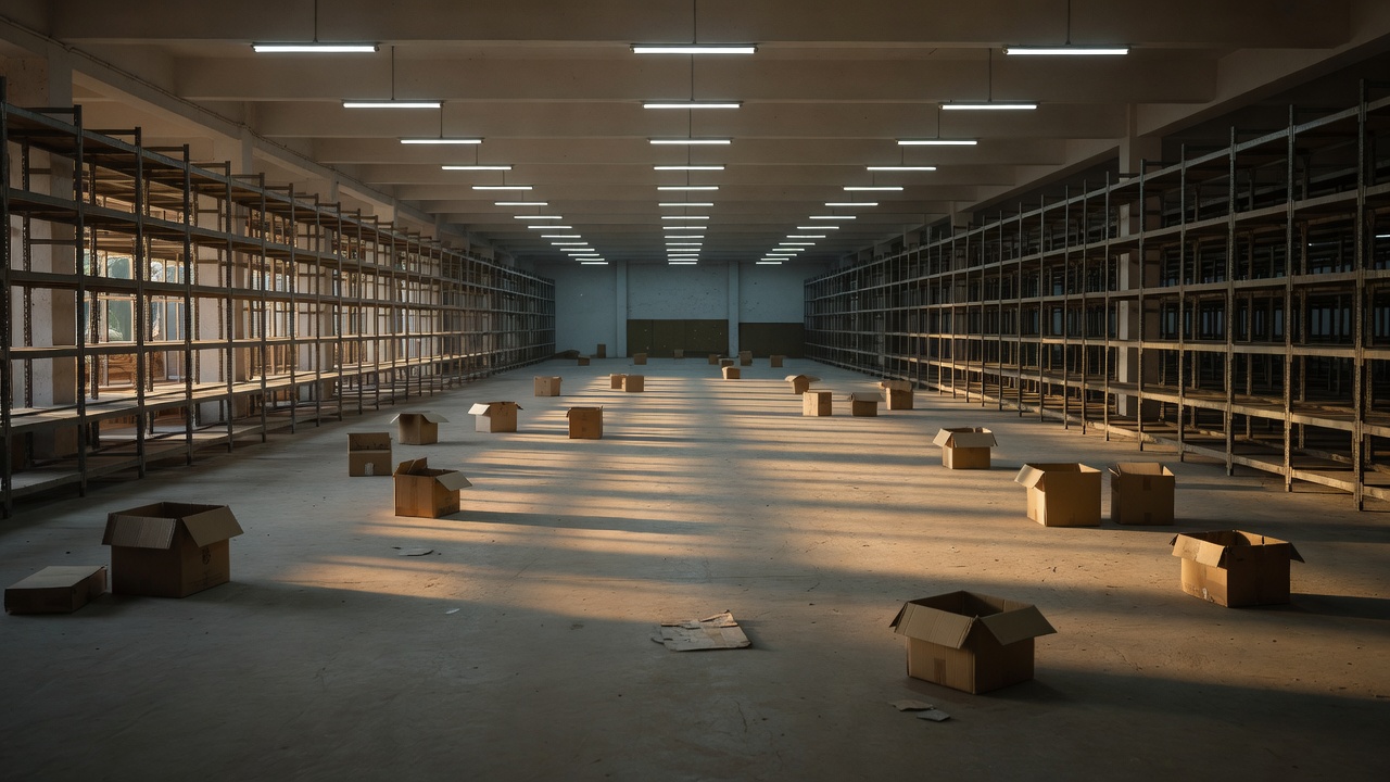 Large empty warehouse interior with stacked cardboard boxes and sorting conveyors under industrial lights