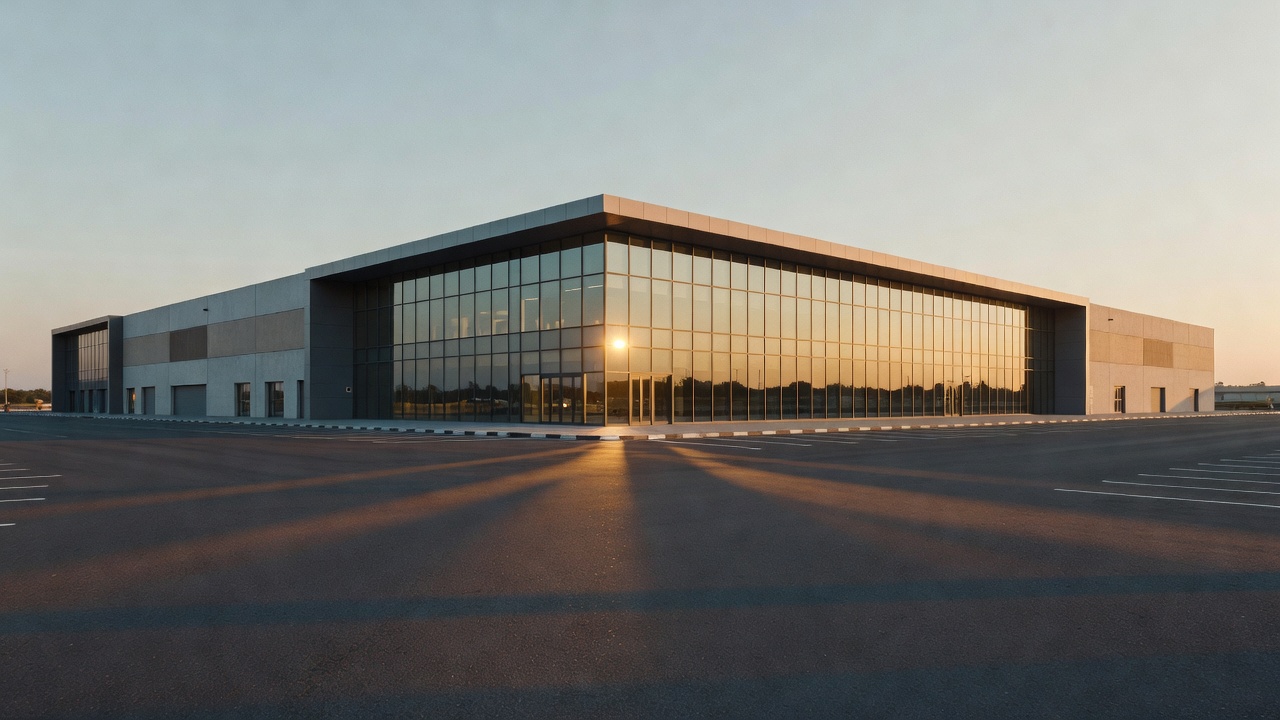 Empty highway-side retail building exterior with large glass windows and afternoon sunlight