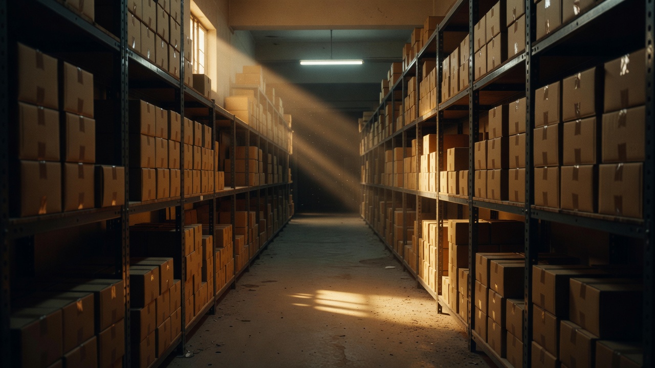 Empty warehouse aisle with stacked cartons under fluorescent light