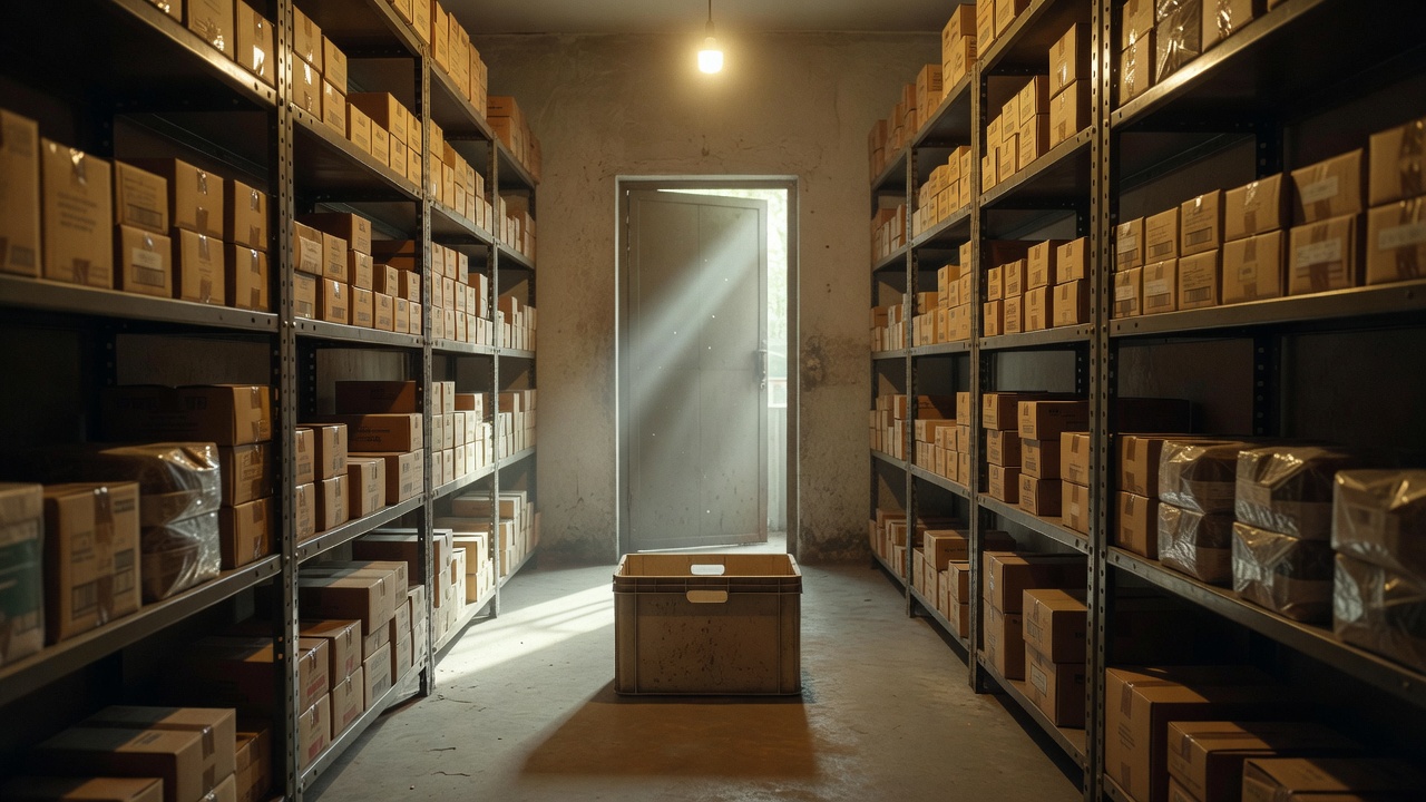 Back-room stock shelves with cardboard boxes and a delivery crate near a service door