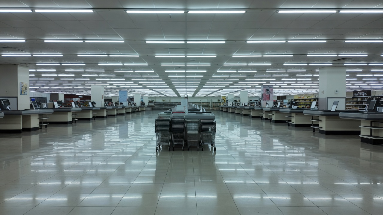 Long retail corridor with empty checkout counters and stacked shopping baskets under ceiling lights