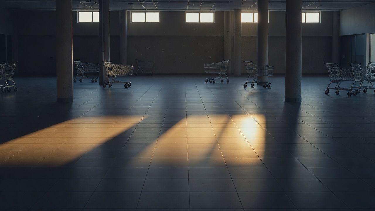 Empty wide retail floor with scattered shopping trolleys and high windows letting in morning light