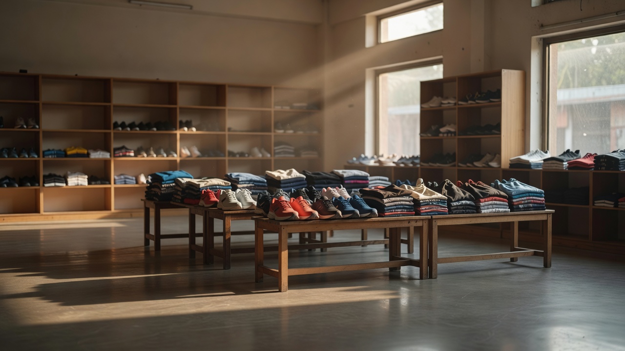 Rows of running shoes and sports apparel on wooden display benches inside a spacious store under natural light
