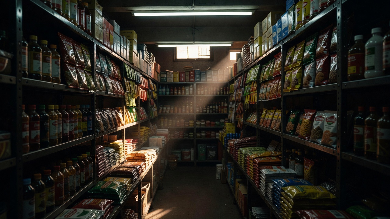 Rows of stocked metal shelves inside a compact urban dark store under fluorescent light