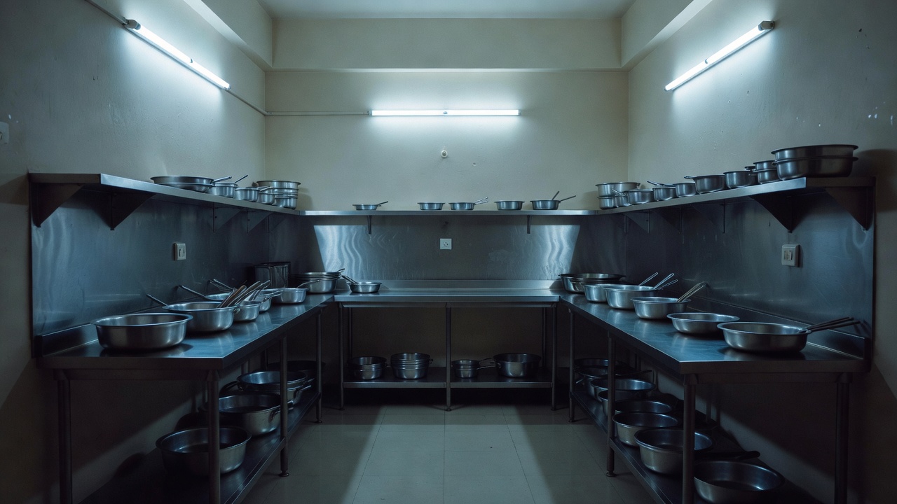 Stainless steel kitchen counters and empty prep stations in a compact cafe kitchen