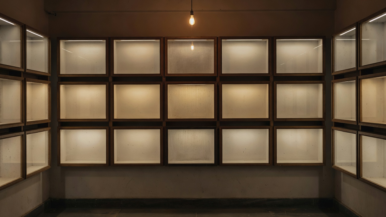 Rows of empty spectacle frames on wall displays under even shop lighting