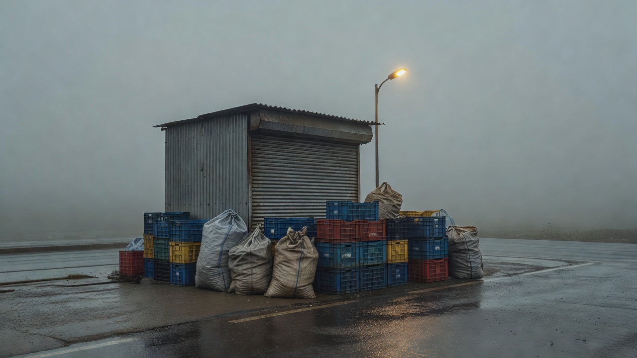 Parked delivery bags and helmets beside stacked crates outside a small warehouse gate